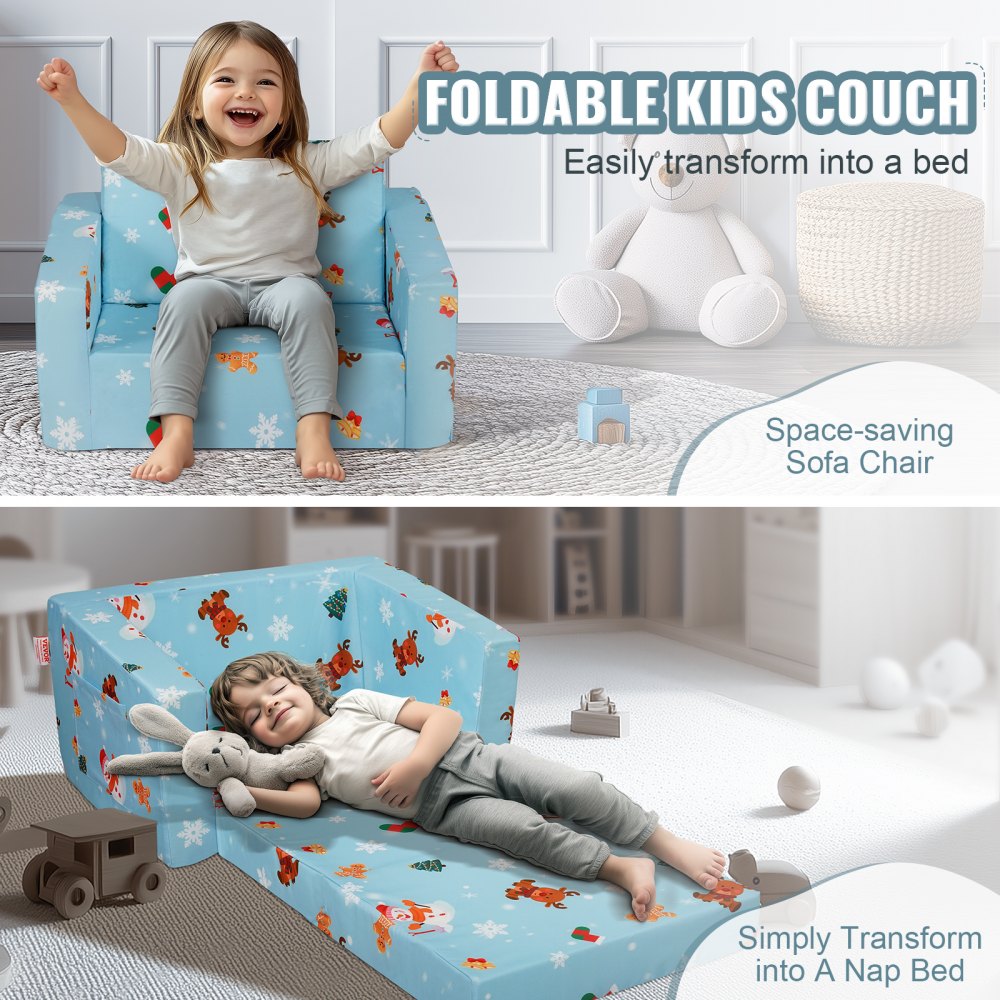 Kids Couch, 2-in-1 Toddler Chairs Comfy, Toddler Couch Sofa Bed Fold Out, Convertible Sofa to Lounger, Kids Chair Seat Playroom Furniture for Kids Girls & Boys, Sky Blue