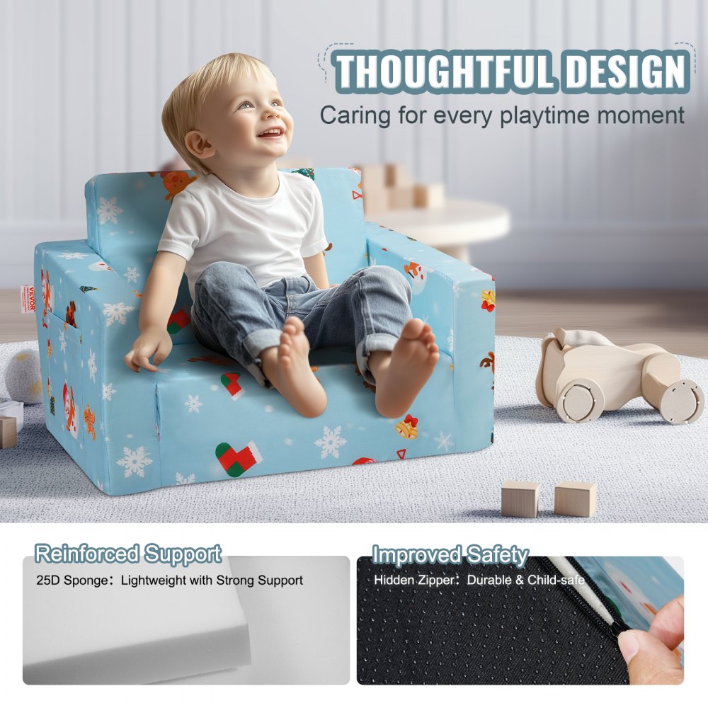 Kids Couch, 2-in-1 Toddler Chairs Comfy, Toddler Couch Sofa Bed Fold Out, Convertible Sofa to Lounger, Kids Chair Seat Playroom Furniture for Kids Girls & Boys, Sky Blue