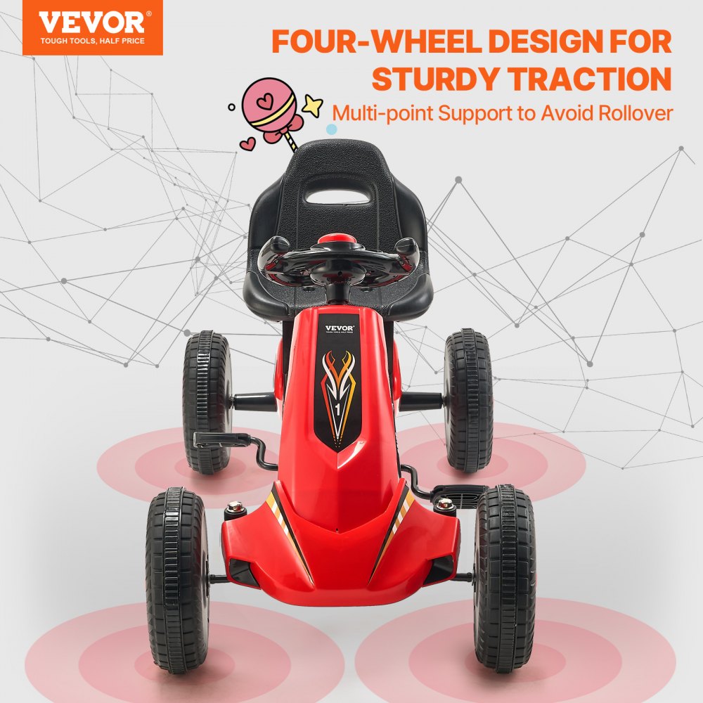 Go Kart 4 Wheel Pedal Ride On Toy for Kids Ages 3-8 Adjustable Seat Red