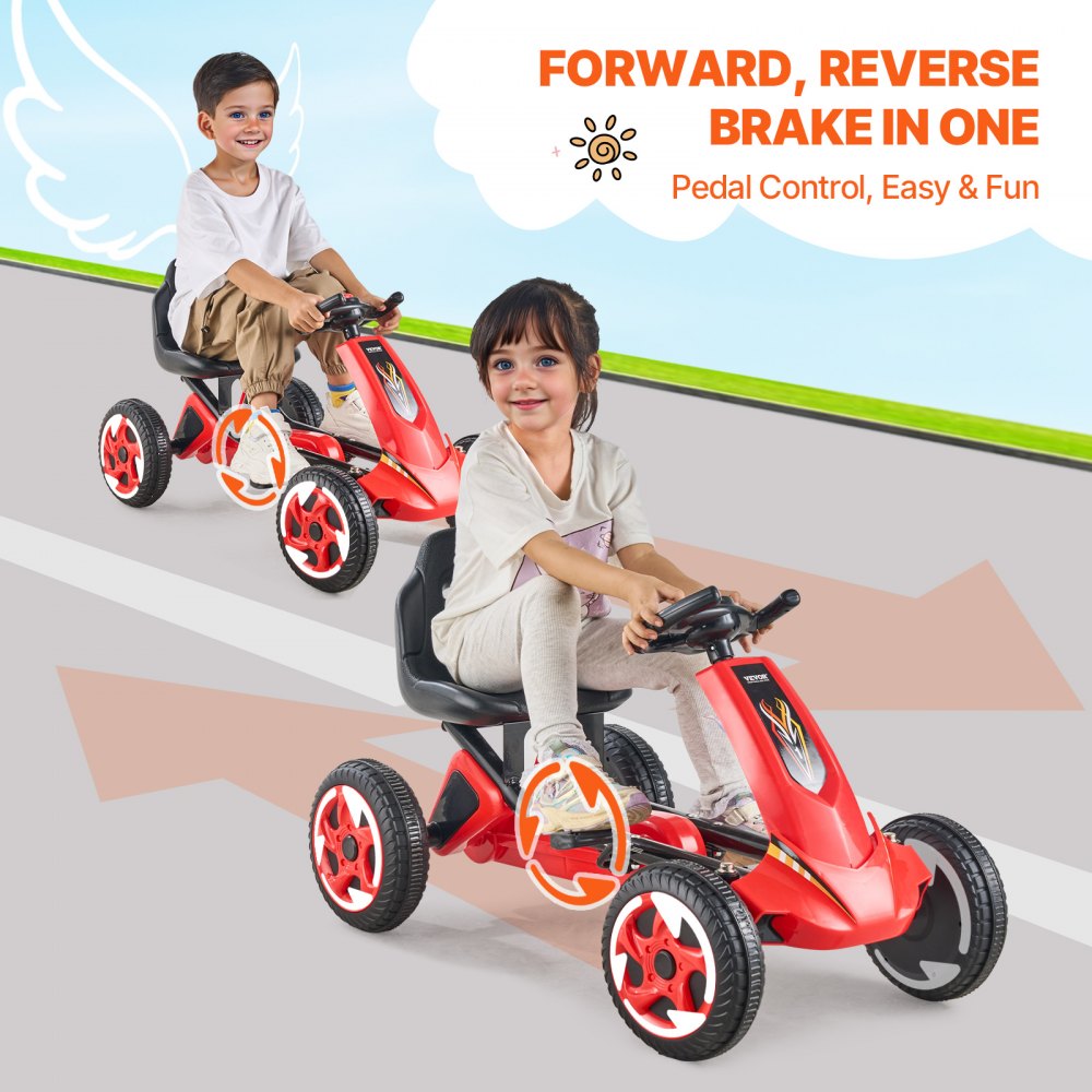 Go Kart 4 Wheel Pedal Ride On Toy for Kids Ages 3-8 Adjustable Seat Red