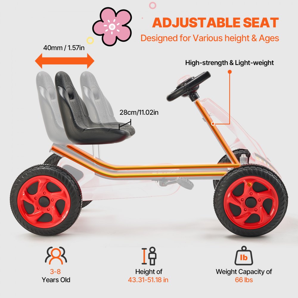 Go Kart 4 Wheel Pedal Ride On Toy for Kids Ages 3-8 Adjustable Seat Red