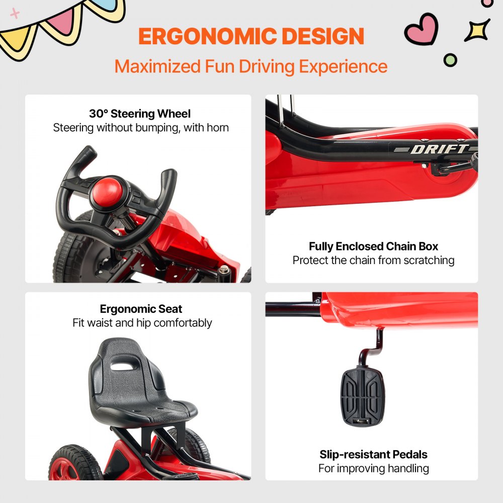 Go Kart 4 Wheel Pedal Ride On Toy for Kids Ages 3-8 Adjustable Seat Red