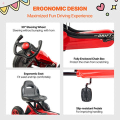 Go Kart 4 Wheel Pedal Ride On Toy for Kids Ages 3-8 Adjustable Seat Red
