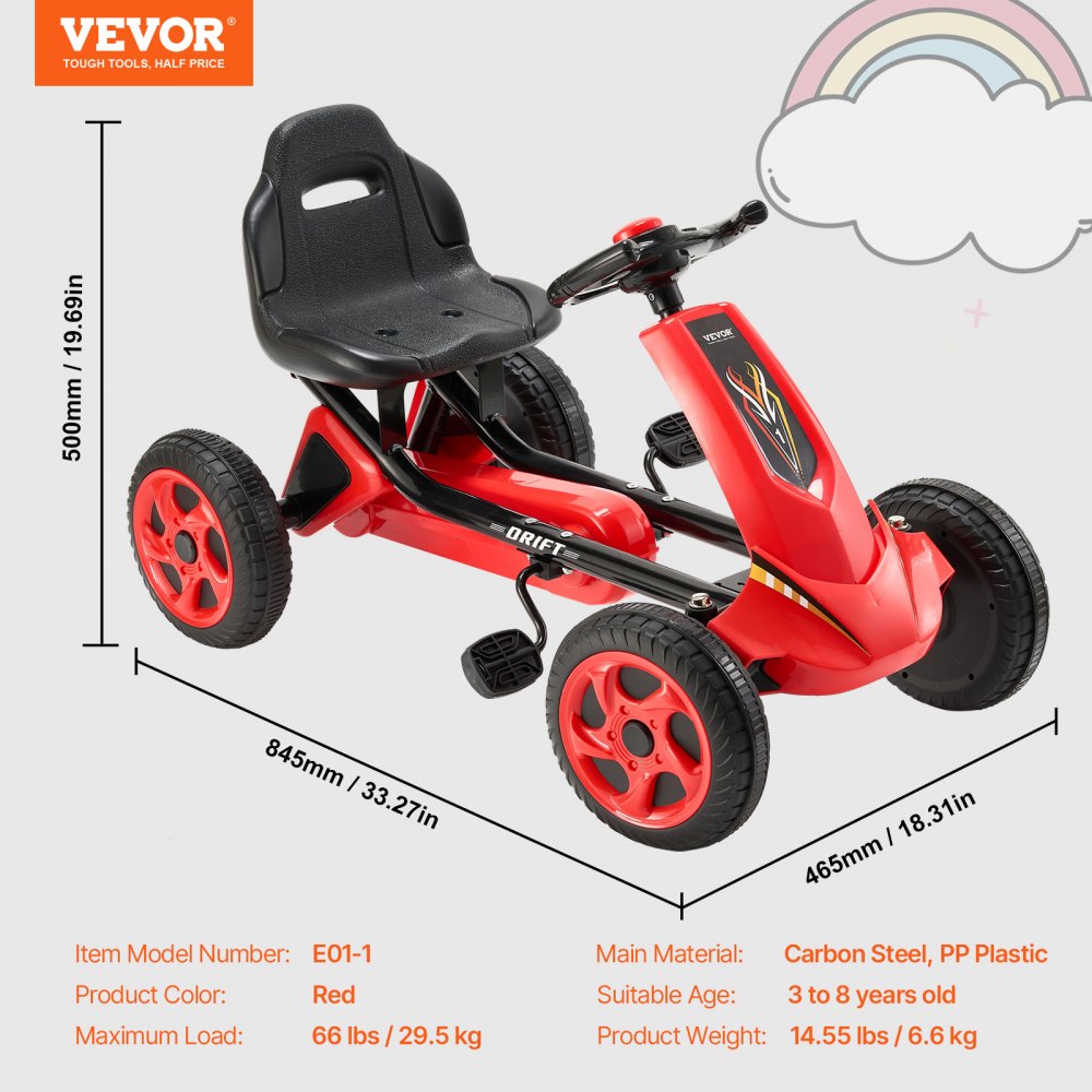 Go Kart 4 Wheel Pedal Ride On Toy for Kids Ages 3-8 Adjustable Seat Red