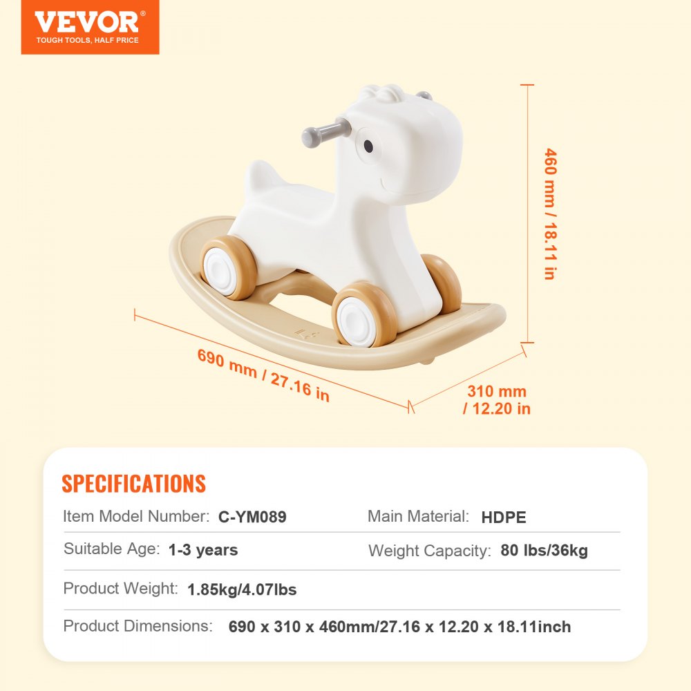 3 in 1 Rocking Horse for Toddlers 1-3 Years, Baby Rocking Horse with Detachable Balance Board and 4 Smooth Wheels, Support up to HDPE Material 80 lbs Kids Ride on Toy, 40° Swinging, White