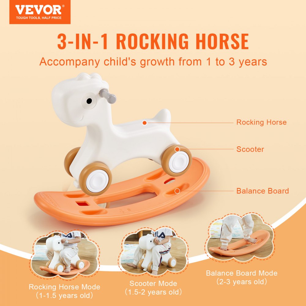 3 in 1 Rocking Horse for Toddlers 1-3 Years, Baby Rocking Horse with Detachable Balance Board and 4 Smooth Wheels, Support up to HDPE Material 80 lbs Kids Ride on Toy, 40° Swinging, Red