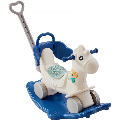4 in 1 Rocking Horse for Toddlers 1-3 Years, Baby Rocking Horse with Detachable Balance Board, Push Handle and 4 Smooth Wheels, Support up to HDPE 80 lbs Kids Ride on Toy with Sound, Blue