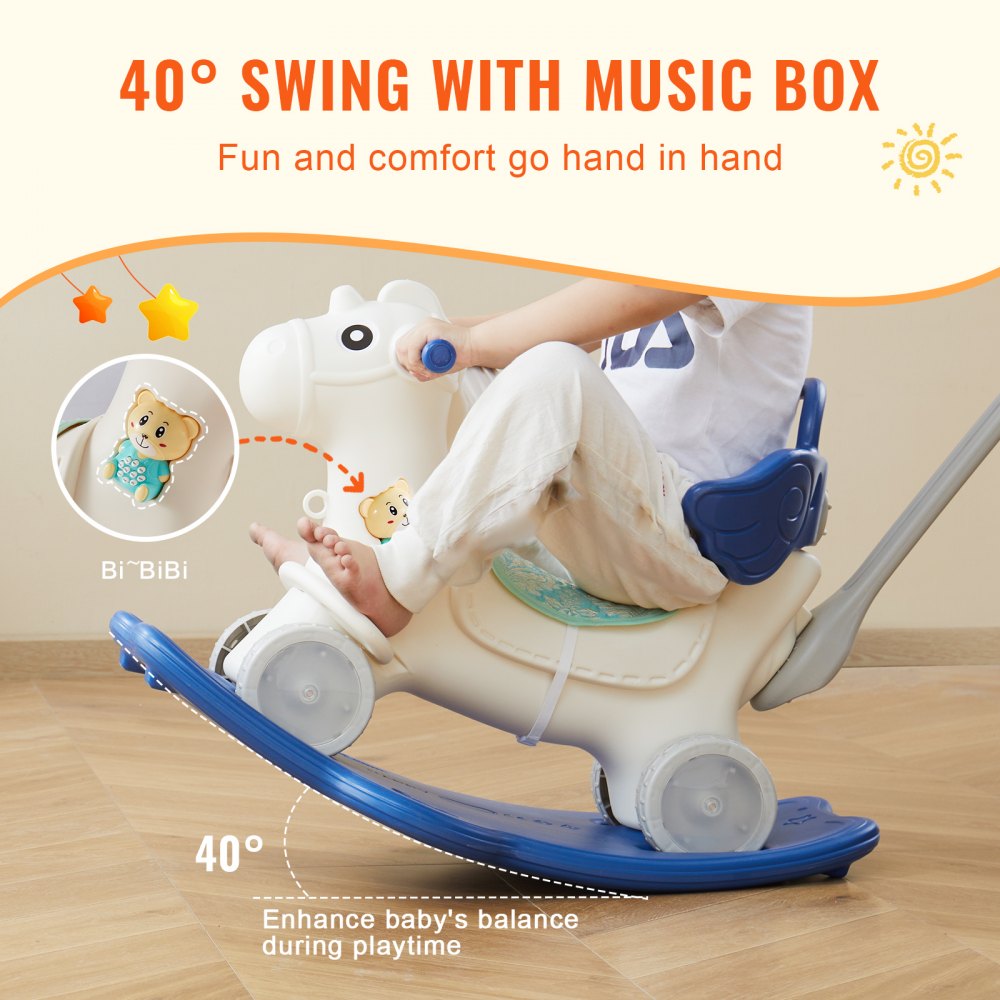 4 in 1 Rocking Horse for Toddlers 1-3 Years, Baby Rocking Horse with Detachable Balance Board, Push Handle and 4 Smooth Wheels, Support up to HDPE 80 lbs Kids Ride on Toy with Sound, Blue