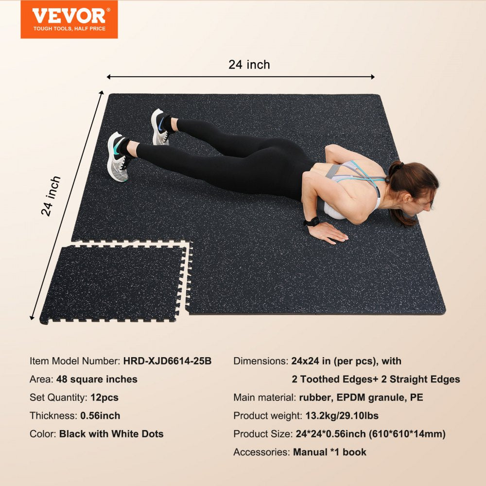 0.56" Thick Gym Floor Mats 12 Tiles Rubber Top with EVA Foam Black & White