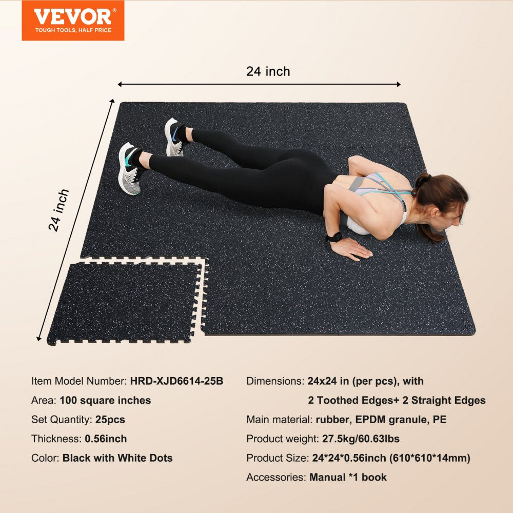0.56" Thick Gym Floor Mats 25 Tiles Rubber Top with EVA Foam Black & White