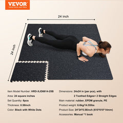 0.56" Thick Gym Floor Mats 6 Tiles Rubber Top with EVA Foam Black & White