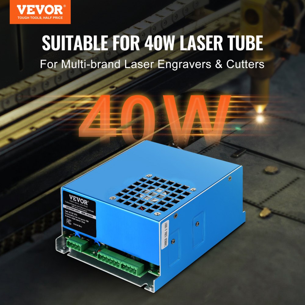 Blue aluminum CO2 laser power supply for 40W tubes, with fan and terminals.
