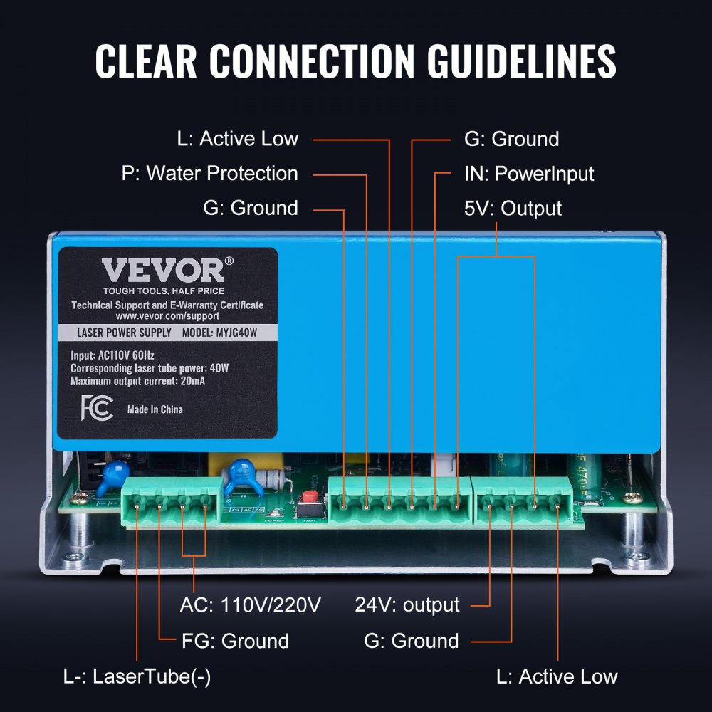 Blue aluminum CO2 laser power supply for 40W tubes with labeled terminals and ports.