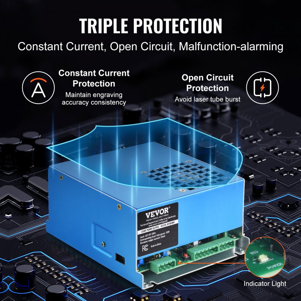 Blue aluminum CO2 laser power supply for 40W tubes with triple protection features.