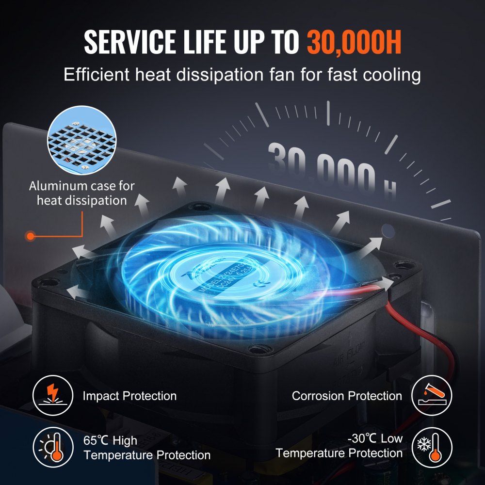 Blue aluminum CO2 laser power supply for 40W tubes with cooling fan and heat dissipation features.