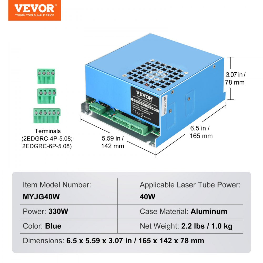 Blue aluminum CO2 laser power supply for 40W tubes with terminals and fan.