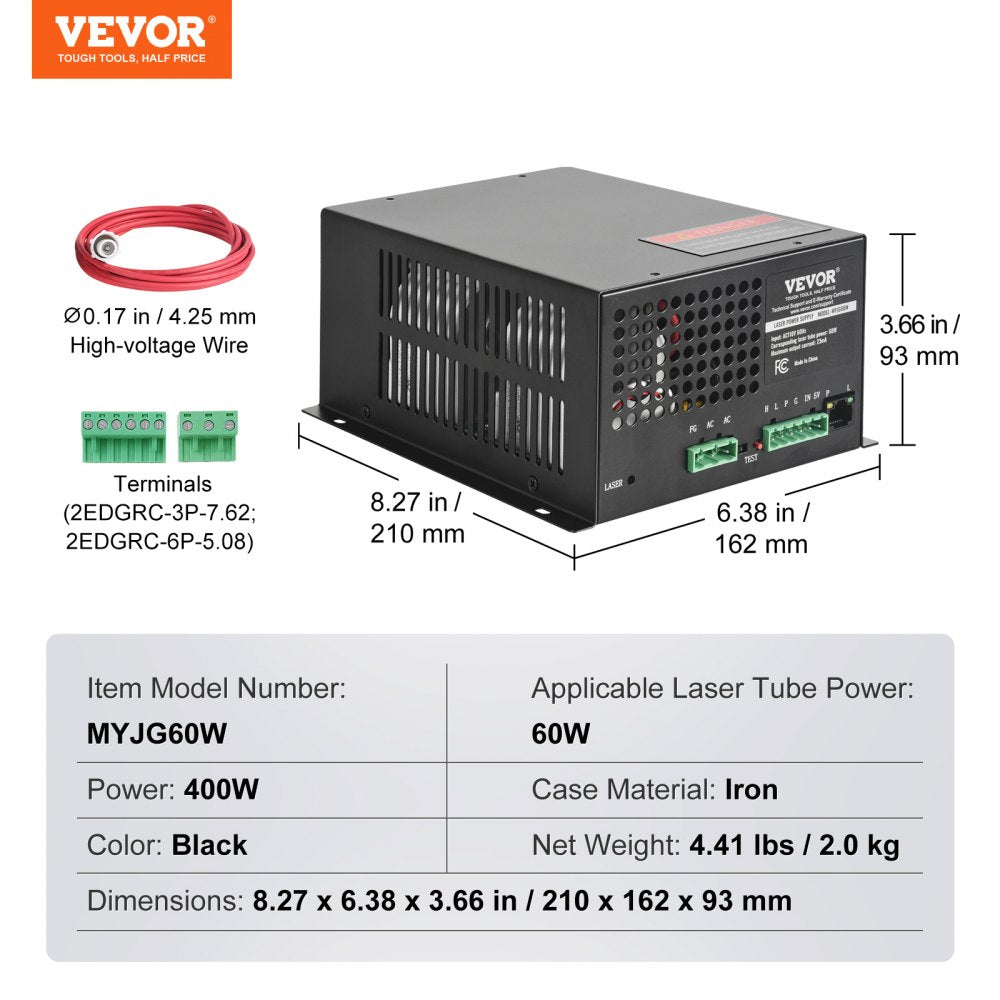 Bostome 60W CO2 laser power supply with cooling fan and labeled ports for easy connections.