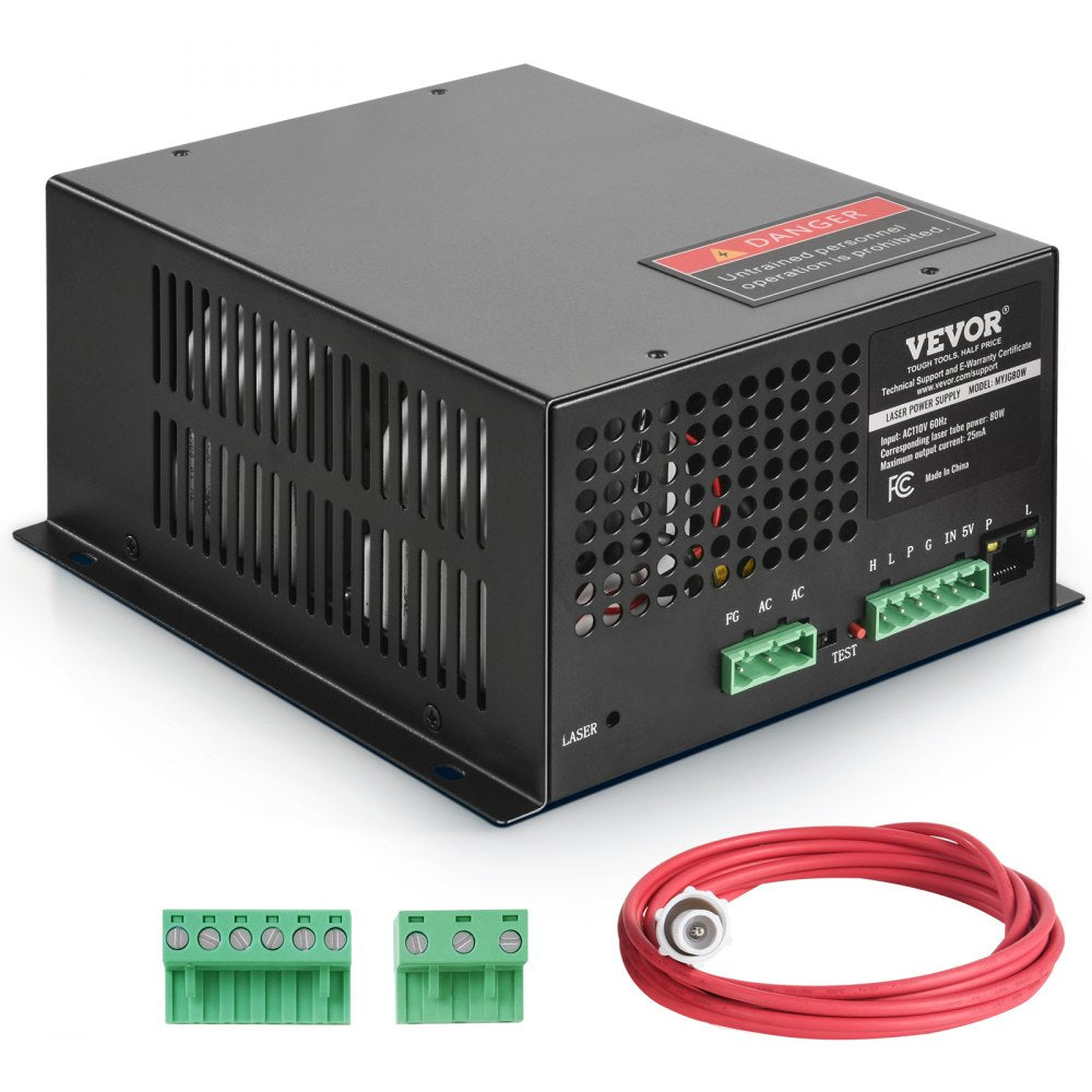 Black Bostome CO2 laser power supply for 80W tubes with vents, ports, red cable, and green terminals.