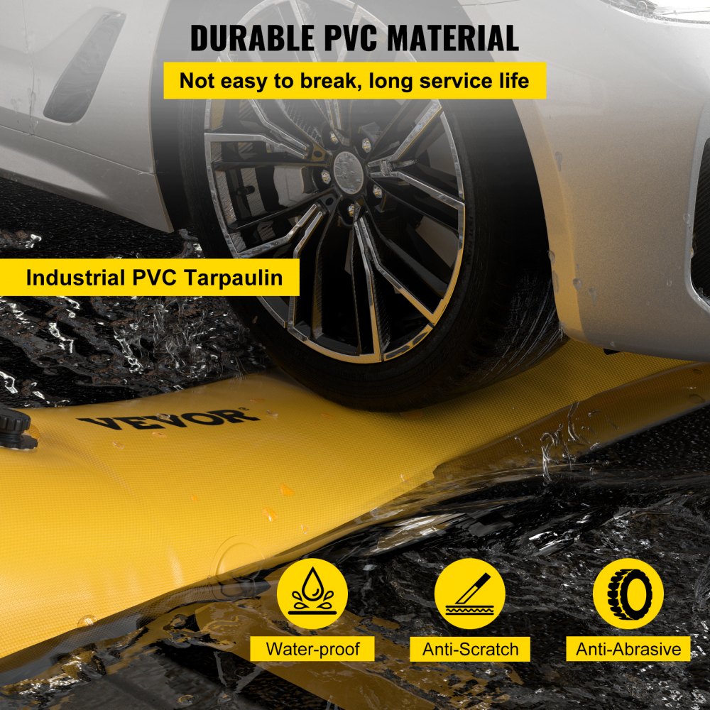 Yellow PVC flood barrier tube on driveway, labeled with durable, waterproof, anti-scratch features.
