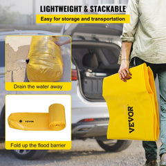 Yellow 12 ft reusable PVC flood barrier tube shown lightweight, stackable, drained, and folded for storage.