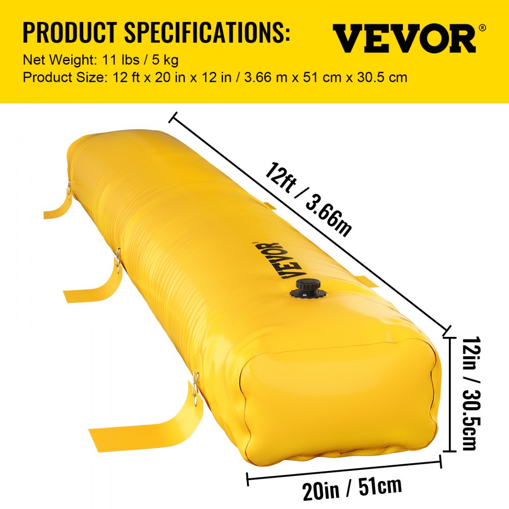 Yellow 12 ft reusable PVC flood barrier tube with dimensions and 11.5 kg weight shown.
