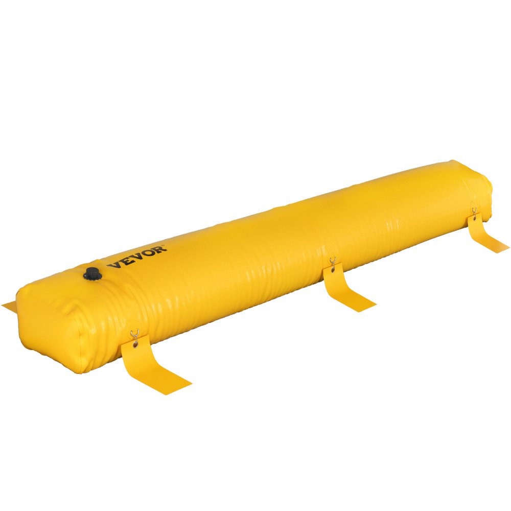 Yellow 12 ft reusable PVC flood barrier tube with black Veyor logo and attachment straps.