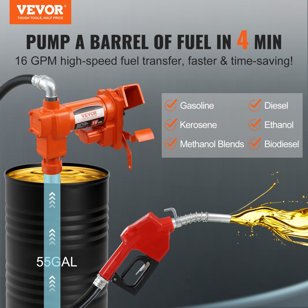 Fuel Transfer Pump, 12V DC 16 GPM 1/4 HP, Gasoline Extractor Pump with Automatic Nozzle, Discharge Hose & Suction Pipe for Gasoline, Diesel, Kerosene, Ethanol & Methanol Blends, and Biodiesel