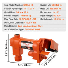 Fuel Transfer Pump, 12V DC 16 GPM 1/4 HP, Gasoline Extractor Pump with Automatic Nozzle, Discharge Hose & Suction Pipe for Gasoline, Diesel, Kerosene, Ethanol & Methanol Blends, and Biodiesel