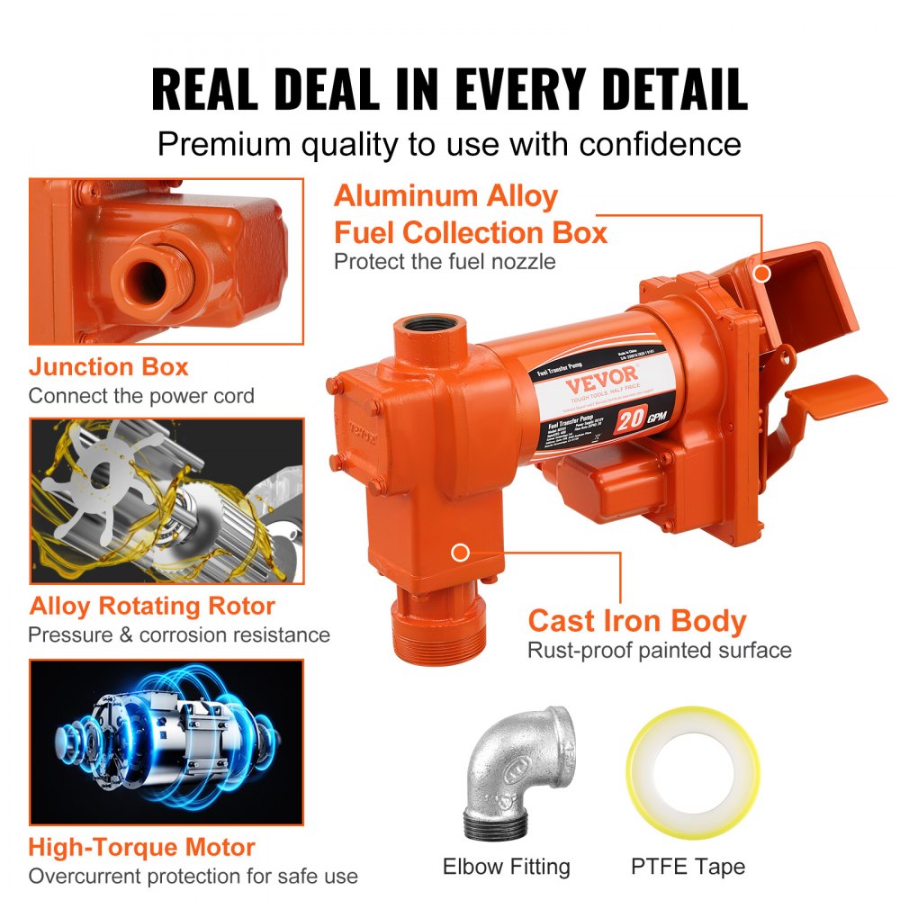 Fuel Transfer Pump, 12V DC 20 GPM 1/4 HP, High Flow Cast Iron Gasoline Extractor Pump with Fuel Collection Box Design for Gasoline, Diesel, Kerosene, Ethanol & Methanol Blends, and Biodiesel