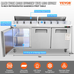 Commercial Refrigerator, 72" Sandwich & Salad Prep Table, 17.73 Cu. Ft Stainless Steel Refrigerated Food Prep Station with 18 Pans, Cut Board, 3 Door Worktop Fridge with lock for Restaurant