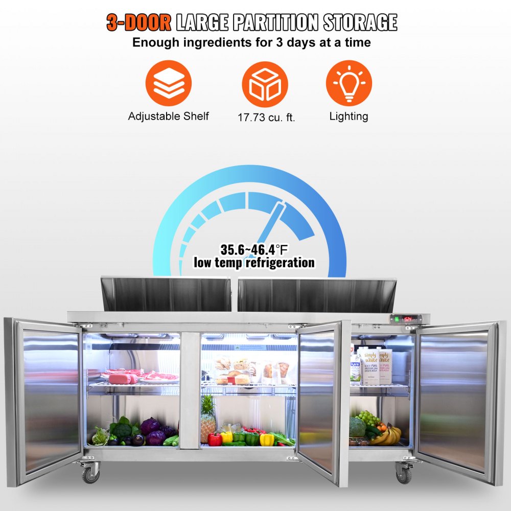 Commercial Refrigerator, 72" Sandwich & Salad Prep Table, 17.73 Cu. Ft Stainless Steel Refrigerated Food Prep Station with 18 Pans, Cut Board, 3 Door Worktop Fridge with lock for Restaurant