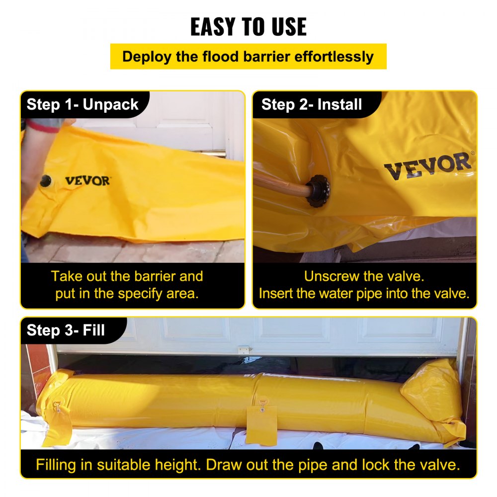 Flood Bag, 24 ft Length x 12 in Height, Reusable PVC Water Diversion Tubes, Lightweight with Excellent Waterproof Effect Used for Doorways, Garages, Yellow