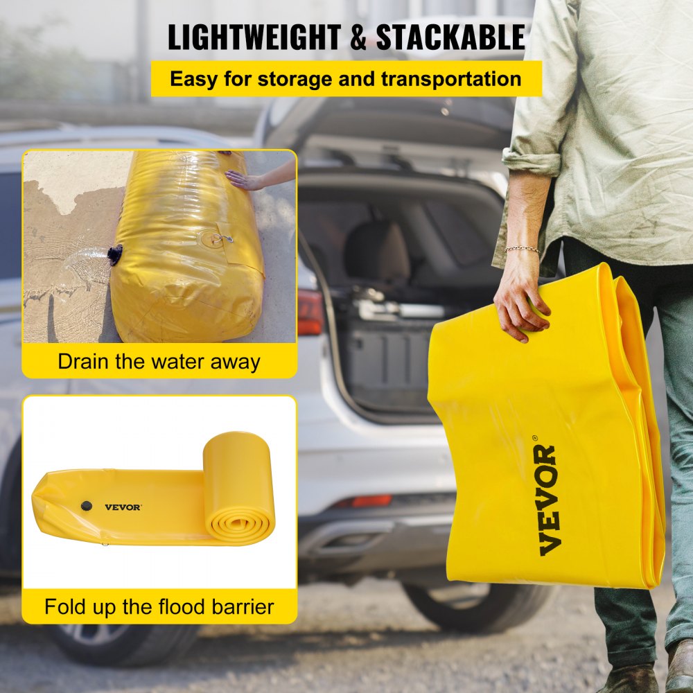 Flood Bag, 24 ft Length x 12 in Height, Reusable PVC Water Diversion Tubes, Lightweight with Excellent Waterproof Effect Used for Doorways, Garages, Yellow
