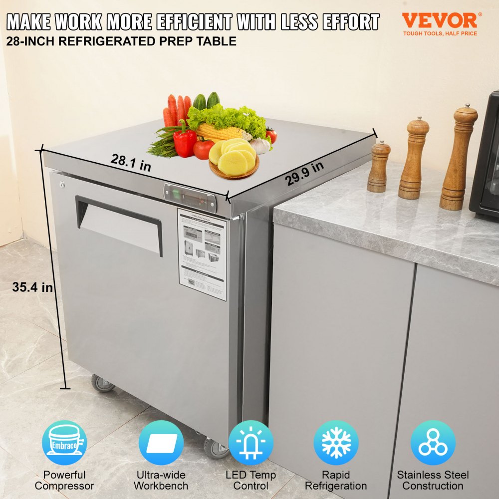 Commercial Refrigerator, 28" Undercounter Worktop Refrigerator, 7.4 Cu. Ft Thick Stainless Steel Refrigerated Food Prep Station Fan Cooling Single Door Worktop Fridge with lock for Bar
