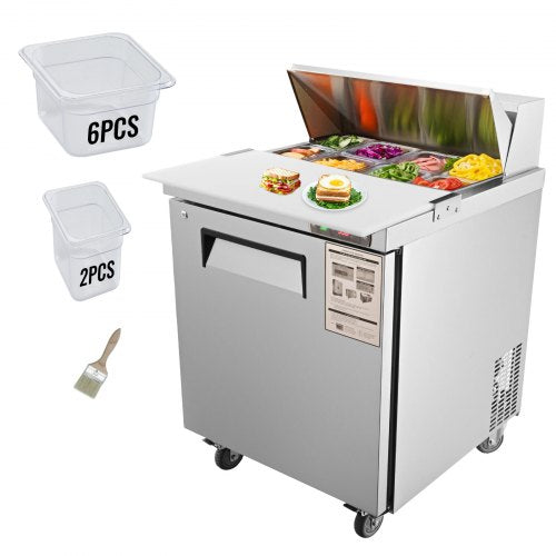Sandwich Prep Table, 7.42 Cu. Ft. Salad Single-door Refrigerated Prep Table, 28-inch Food Prep Fridge, Commercial Stainless Steel Prep Refrigerator Table for Restaurant, Bar, Shop, Silver