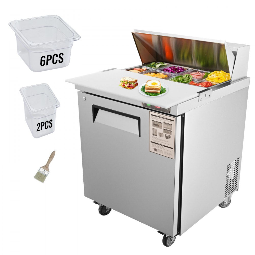 Sandwich Prep Table, 7.42 Cu. Ft. Salad Single-door Refrigerated Prep Table, 28-inch Food Prep Fridge, Commercial Stainless Steel Prep Refrigerator Table for Restaurant, Bar, Shop, Silver