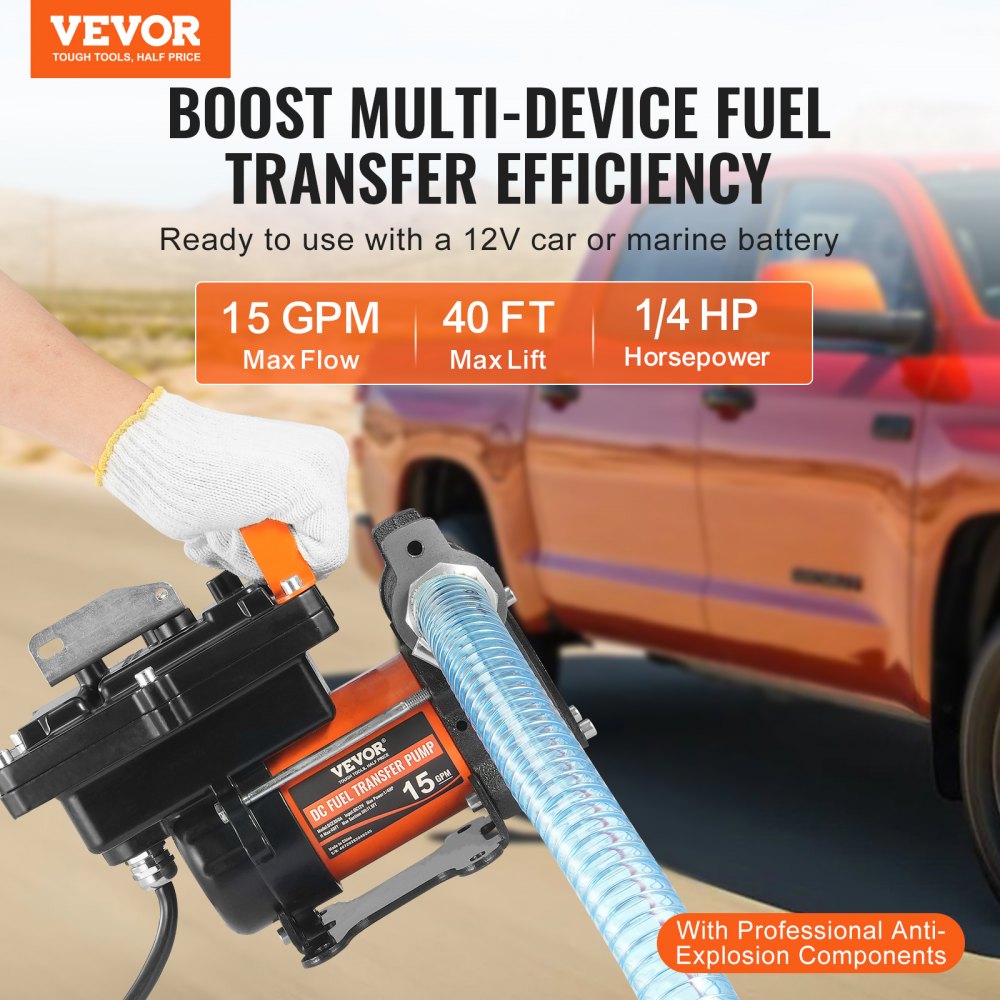 Fuel Transfer Pump 12V 15 GPM 1/4 HP Diesel Pump with Auto Fuel Nozzle