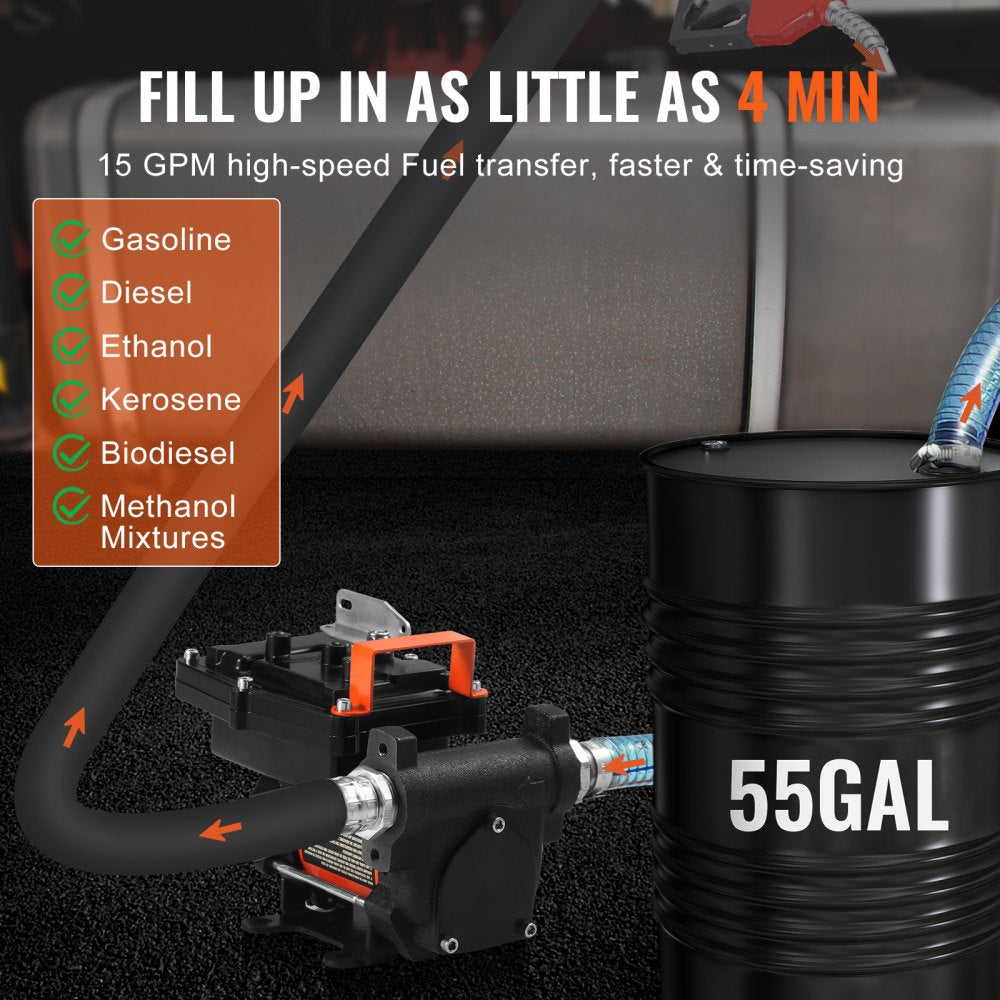 Fuel Transfer Pump 12V 15 GPM 1/4 HP Diesel Pump with Auto Fuel Nozzle