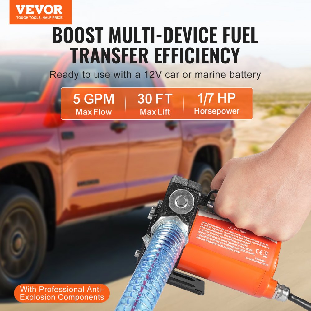 Fuel Transfer Pump 12V 5.3 GPM 1/10 HP Diesel Pump with Auto Fuel Nozzle