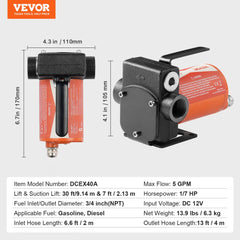 Fuel Transfer Pump 12V 5.3 GPM 1/10 HP Diesel Pump with Auto Fuel Nozzle