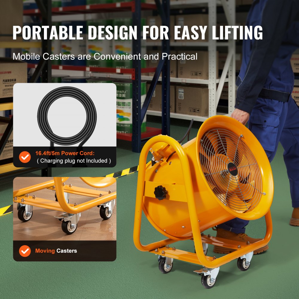 A yellow 16-inch portable industrial exhaust fan with wheels, handle, and power cord on a warehouse floor.