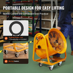 A yellow 16-inch portable industrial exhaust fan with wheels, handle, and power cord on a warehouse floor.