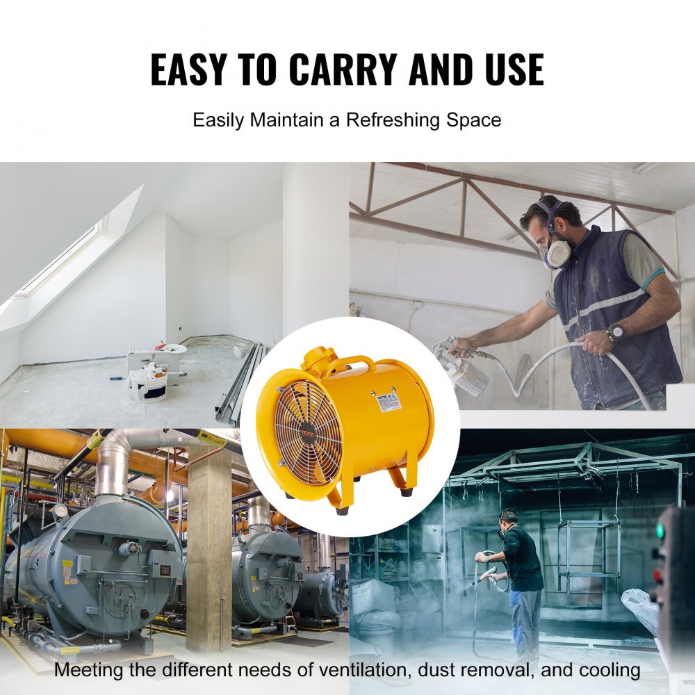 A yellow 16-inch portable industrial exhaust fan with handle, shown in use for ventilation and dust removal in industrial settings.