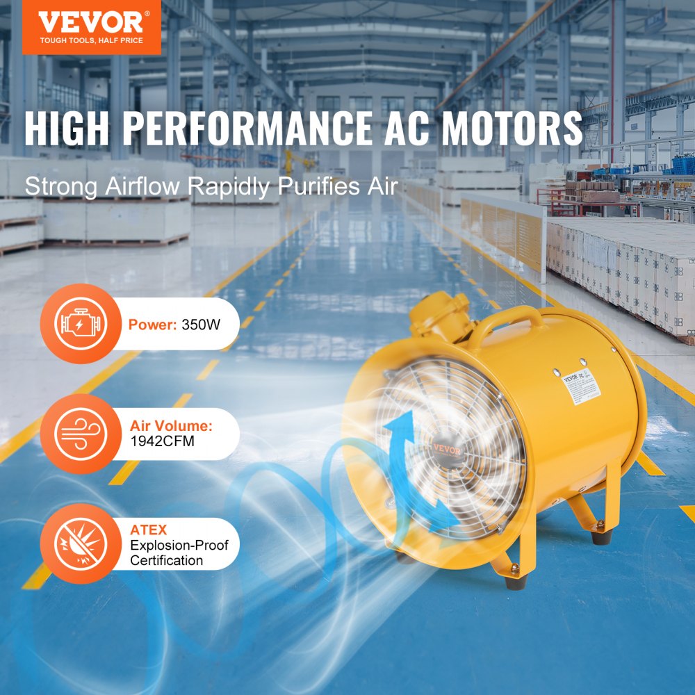 Portable Ventilator, 10" Heavy Duty Cylinder Fan, 350W Strong Shop Exhaust Fan 1942CFM, 9.8ft Power Cord (No charging head), Industrial Utility Blower for Sucking Dust, Smoke Home/Workplace