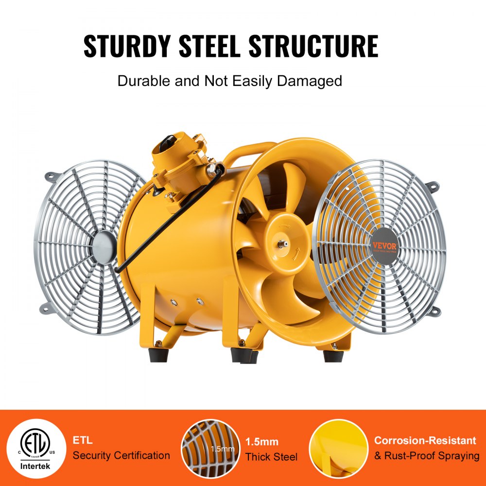 Yellow 12-inch portable industrial exhaust fan with sturdy steel structure and protective grilles.