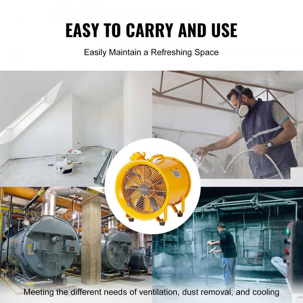 Yellow 12-inch portable industrial exhaust fan with carry handle, shown in use for ventilation and dust removal in various settings.