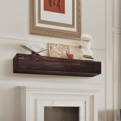 48-inch rustic brown floating fireplace mantel shelf made of solid pine wood above a fireplace.