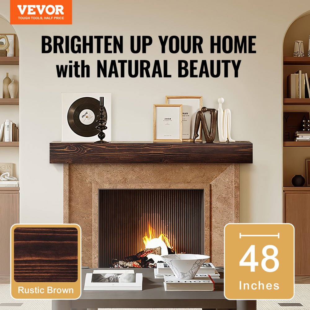 48-inch rustic brown floating fireplace mantel shelf made of solid pine wood.
