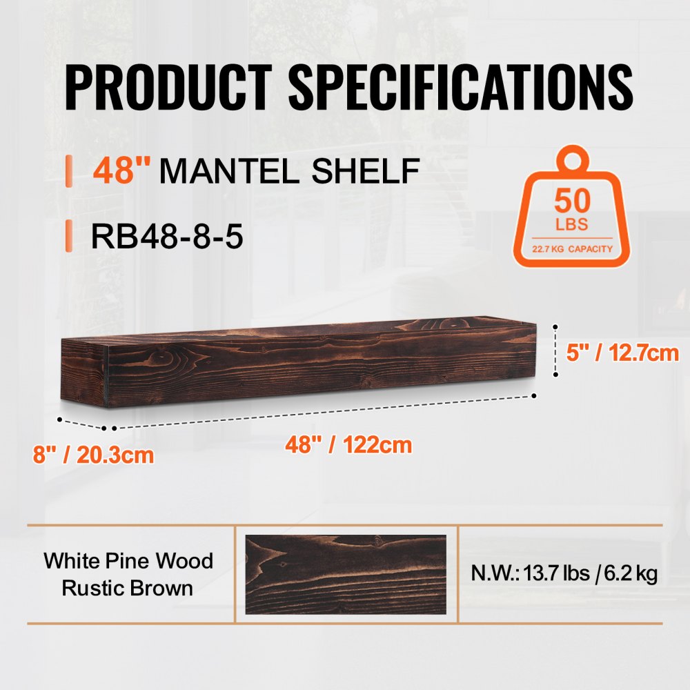 48-inch rustic brown floating fireplace mantel shelf made of solid pine wood with a natural finish.