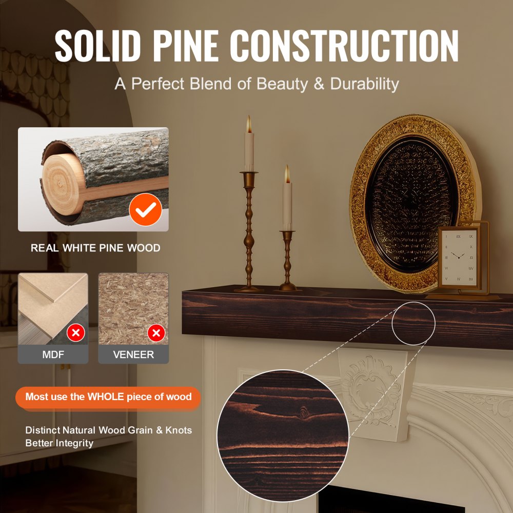 Rustic brown 48-inch floating fireplace mantel shelf made of solid pine wood with natural grain.